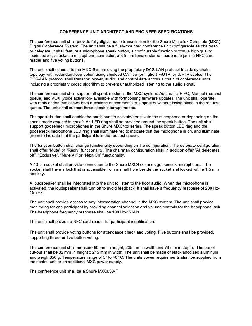 Página 1 del manual Ficha técnica Shure MXC630-F