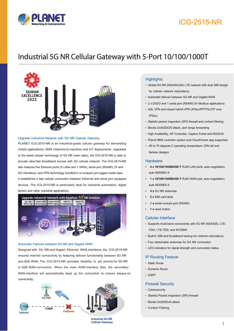 Page 1 de la notice Fiche technique Planet ICG-2515-NR