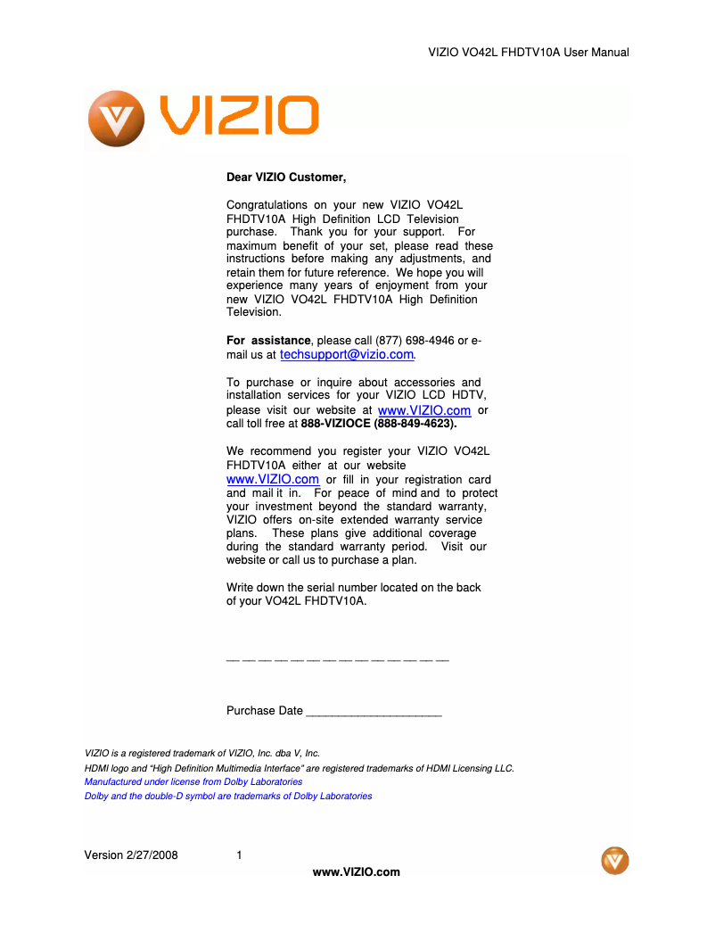 Page 1 de la notice Manuel utilisateur VIZIO VO42L