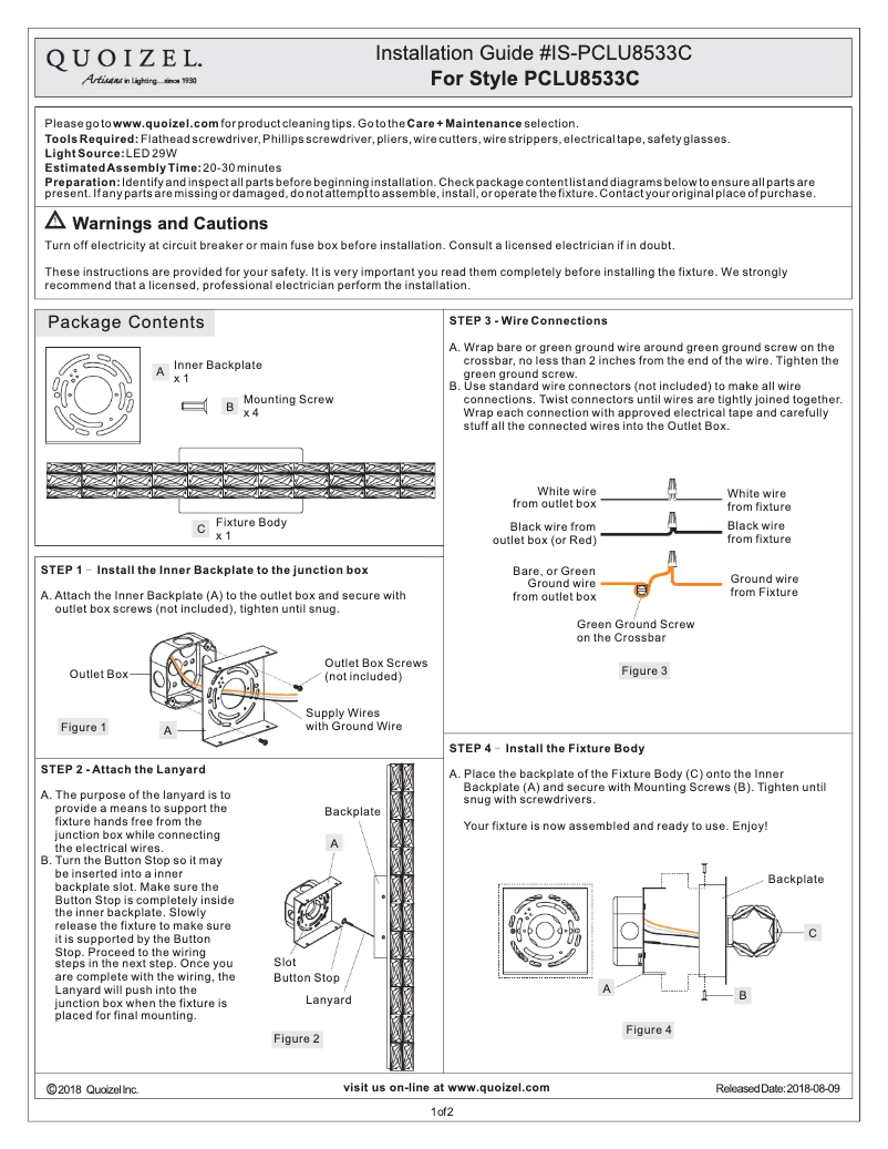 Page 1 de la notice Manuel utilisateur Quoizel PCLU8533C