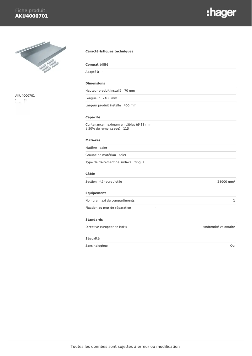Page n°1 - Fiche technique Hager AKU4000701