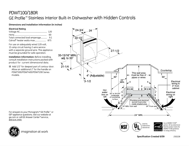 Page n°1 - Fiche technique GE Profile PDWT180RSS