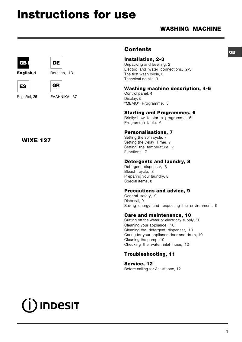 Page 1 de la notice Manuel utilisateur Indesit WIXE 127 (EX) (V)