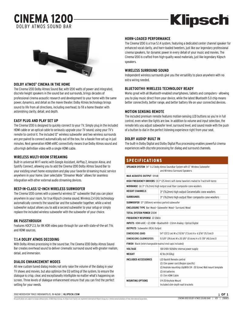 Page 1 de la notice Fiche technique Klipsch Cinema 1200