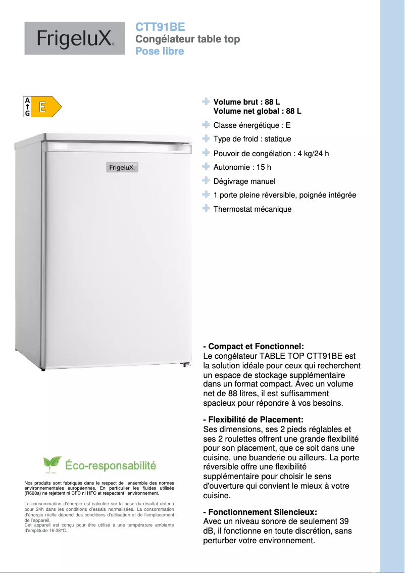 Page n°1 - Fiche technique FrigeluX CTT91BE