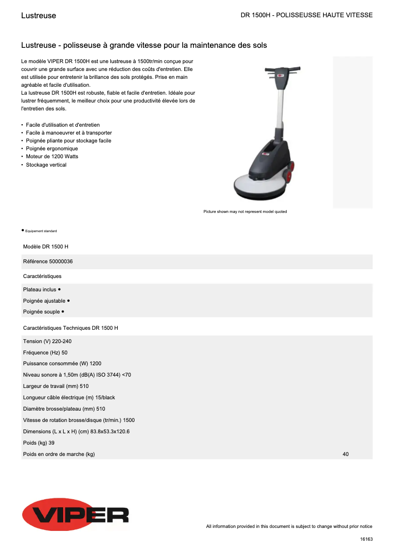 Page 1 de la notice Fiche technique Viper DR1500H