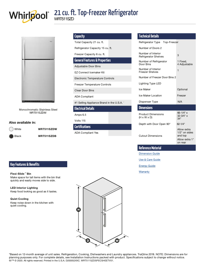 Page 1 de la notice Fiche technique Whirlpool WRT104TFDW