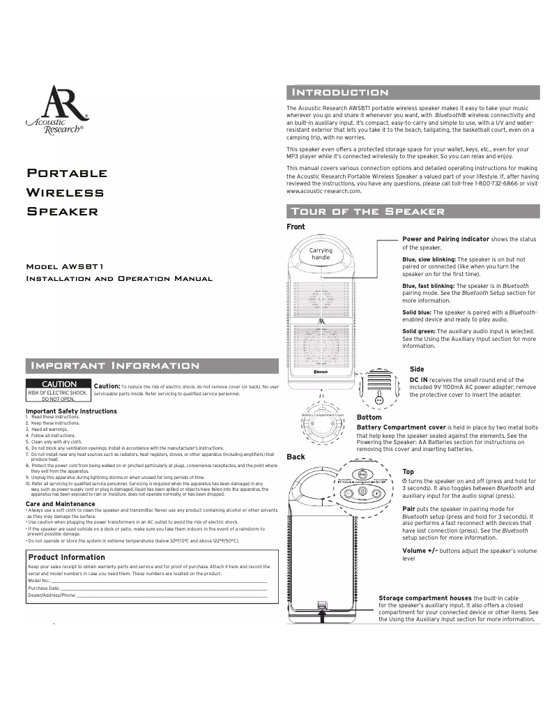 Image de la première page du manuel de l'appareil AWSBT1