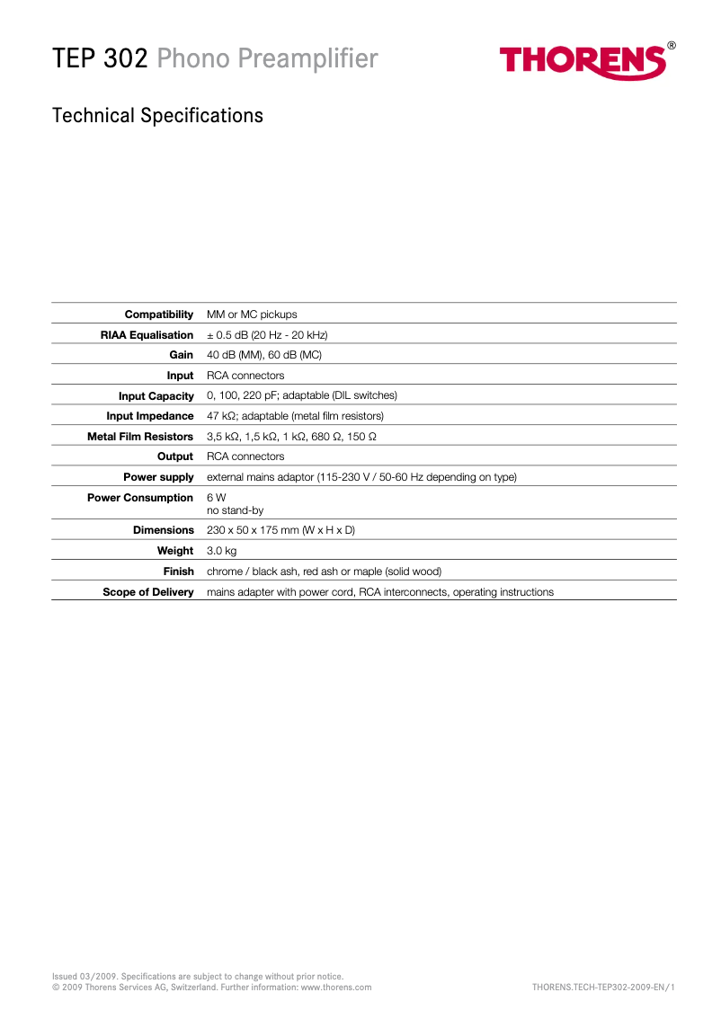 Page 1 de la notice Fiche technique Thorens TEP 302