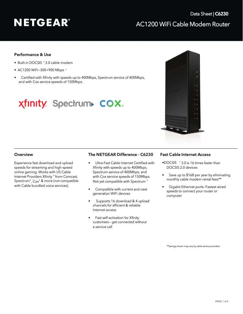 Page 1 de la notice Fiche technique Netgear C6230