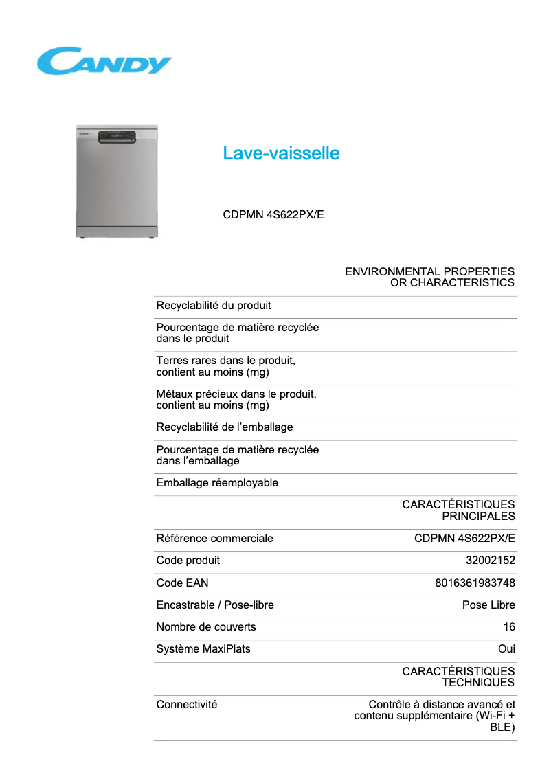 Page 1 de la notice Fiche technique Candy CDPMN 4S622PX/E