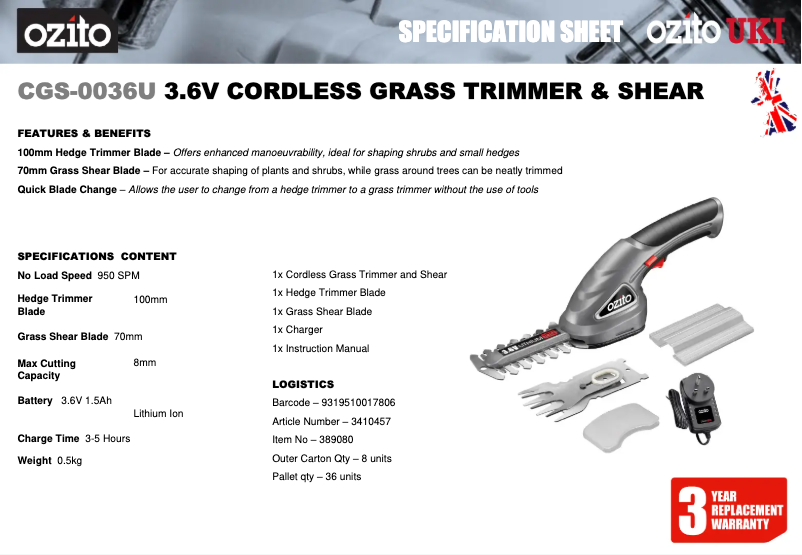 Page 1 de la notice Fiche technique Ozito CGS-0036U