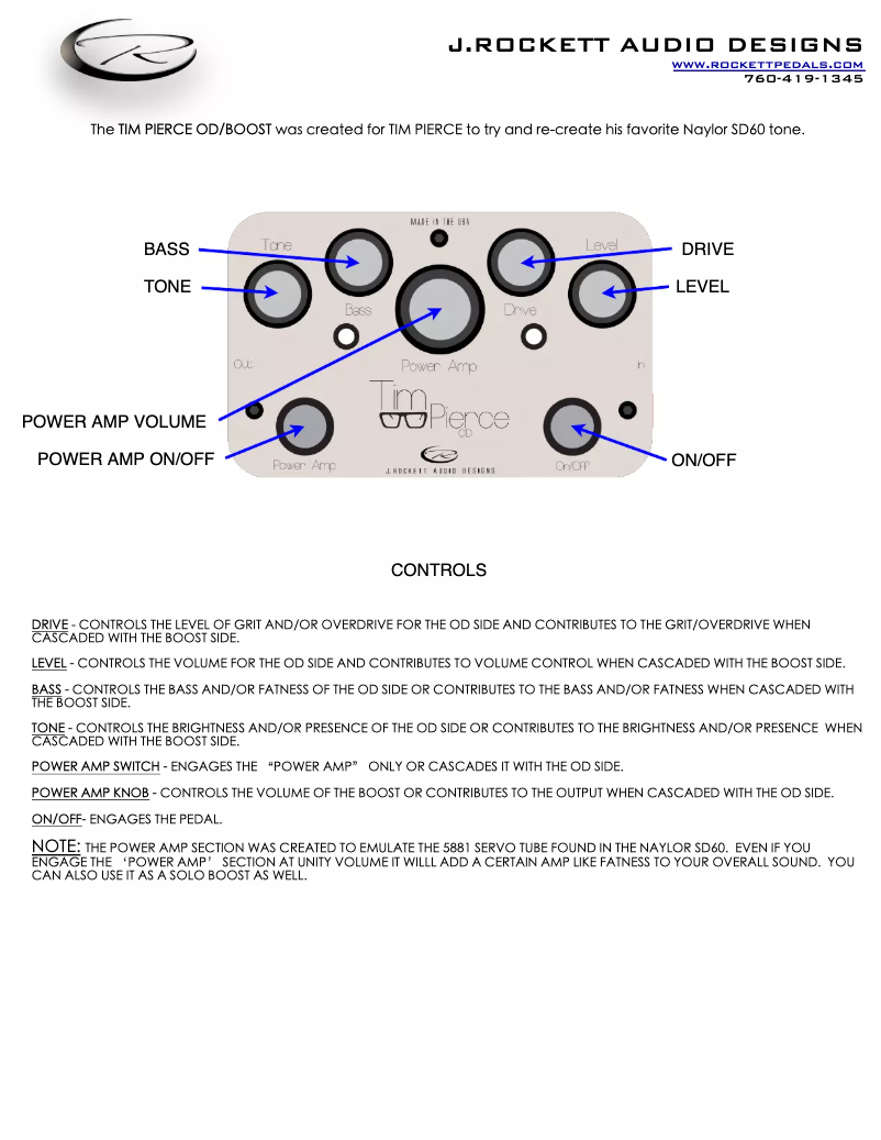 Page 1 de la notice Manuel utilisateur J. Rockett Audio Designs Tim Pierce OD