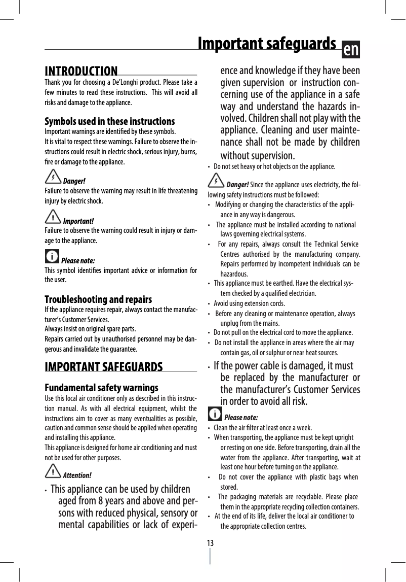 Page 1 de la notice Manuel utilisateur DeLonghi Pinguino PAC CN93 ECO