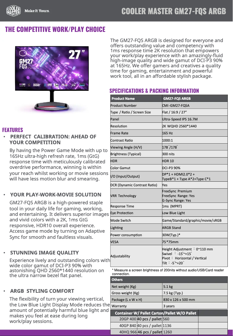 Page 1 de la notice Fiche technique Cooler Master GM27-FQS ARGB