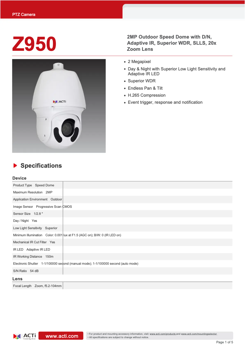 Página 1 del manual Ficha técnica ACTi Z950