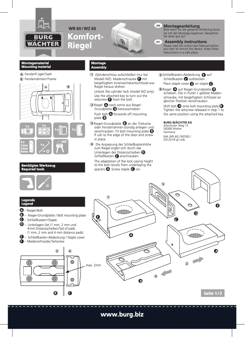 Page n°1 - Manuel utilisateur Burg Wächter WinSafe WZ 60