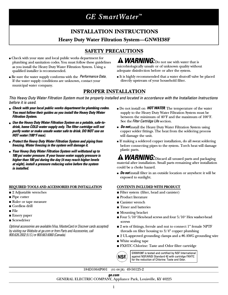 Page 1 de la notice Guide d'installation GE GNWH38F