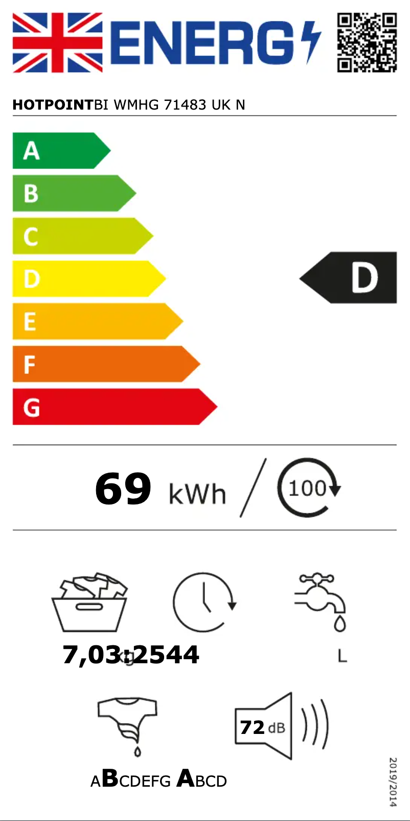 Page n°1 - Label énergétique Hotpoint BI WMHG 71483 UK N