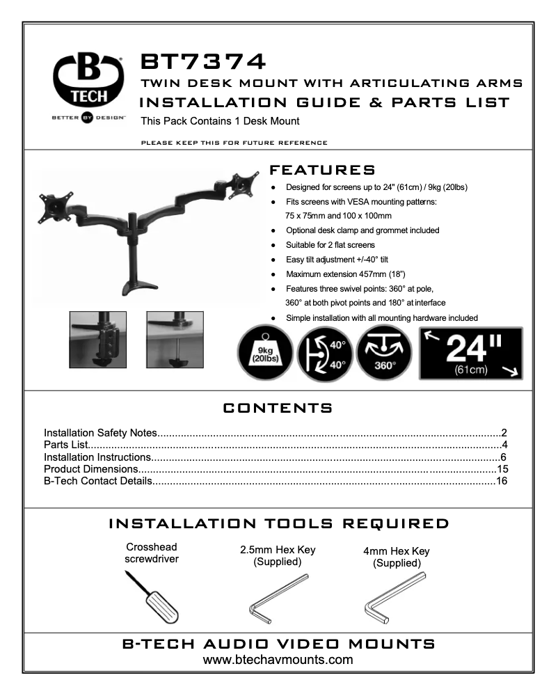 Page n°1 - Manuel utilisateur B-Tech BT7374/GB