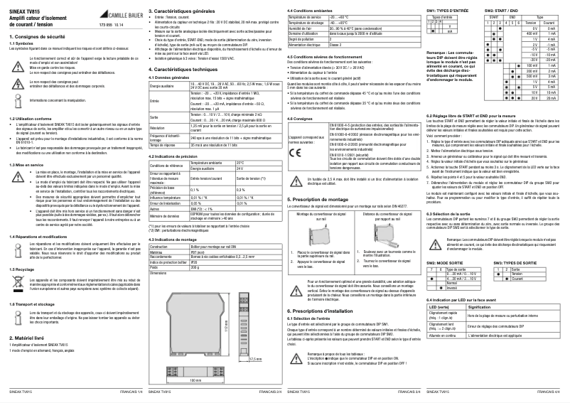 Page 1 de la notice Manuel utilisateur Camille Bauer Sineax TV815