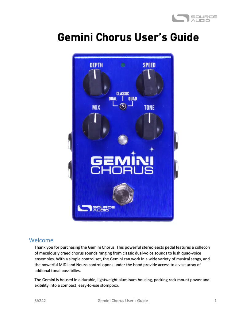 Page 1 de la notice Manuel utilisateur Source Audio Gemini Chorus