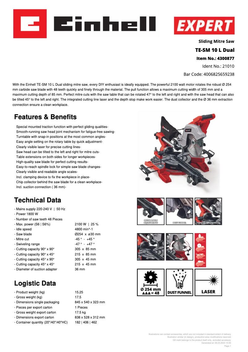 Page n°1 - Fiche technique Einhell TE-SM 10 L Dual