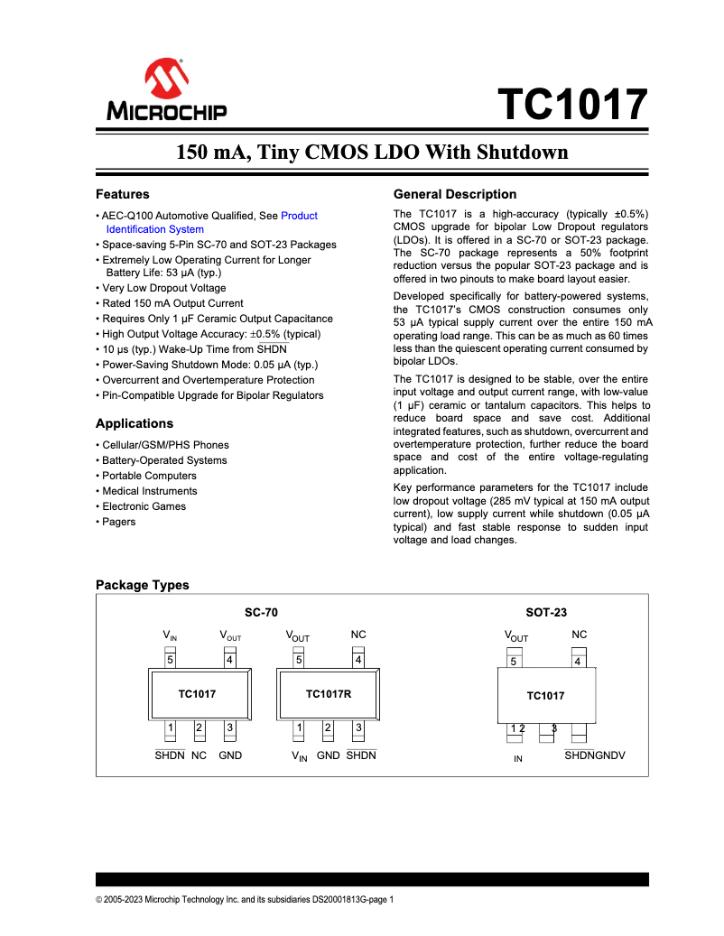 Page 1 de la notice Fiche technique Microchip TC1017