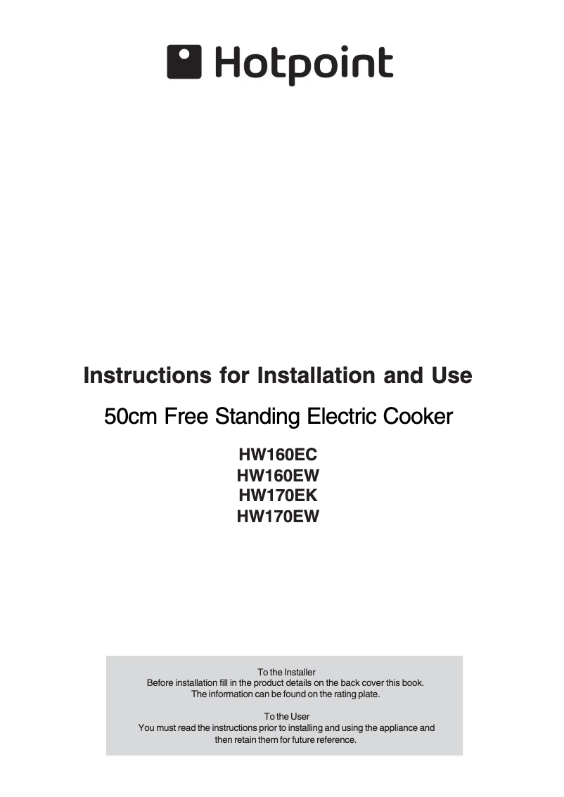 Page 1 de la notice Manuel utilisateur Hotpoint HW170EW