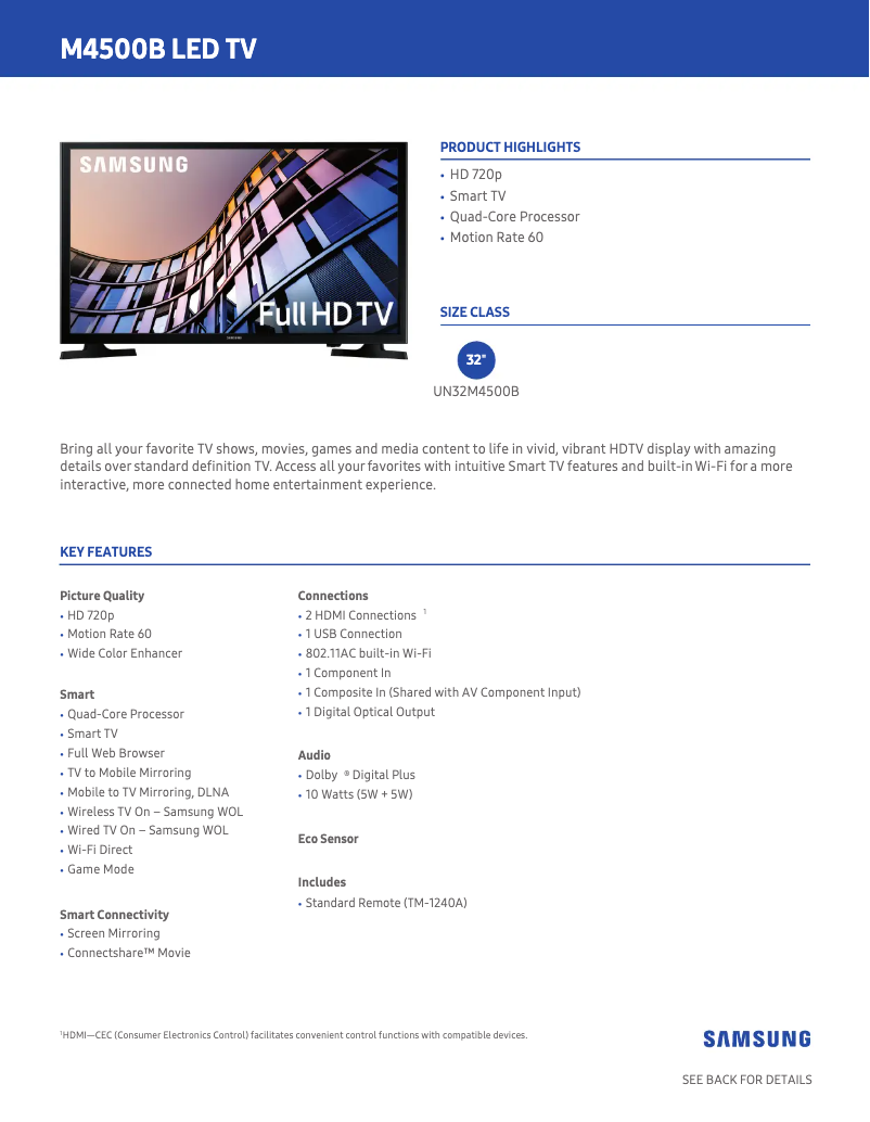Page n°1 - Fiche technique Samsung UN32M4500BFXZA