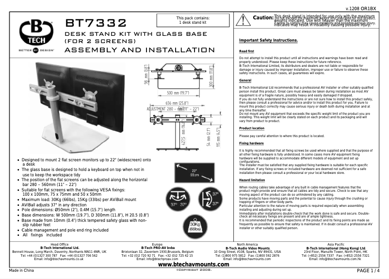 Page n°1 - Manuel utilisateur B-Tech BT7332