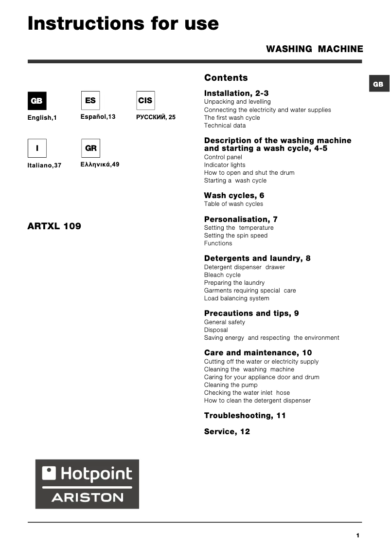 Page n°1 - Manuel utilisateur Hotpoint Ariston ARTXL 109 (EU)