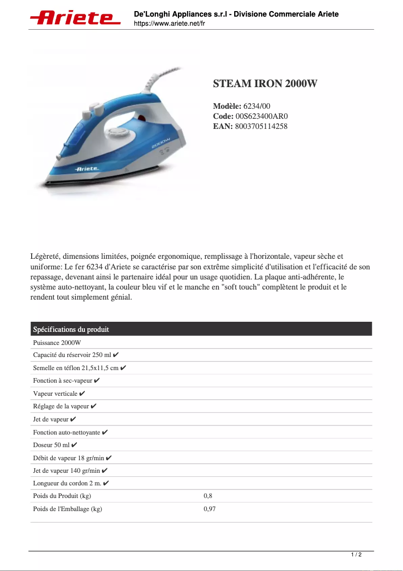 Page 1 de la notice Manuel utilisateur Ariete 6234