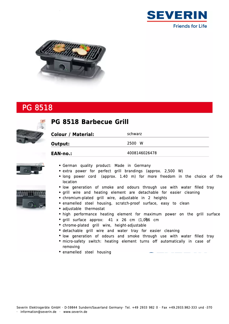 Page 1 de la notice Fiche technique Severin PG 8518