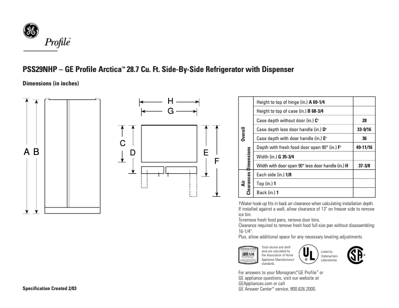 Page 1 of the manual Technical Sheet GE Profile PSS29NHPBB