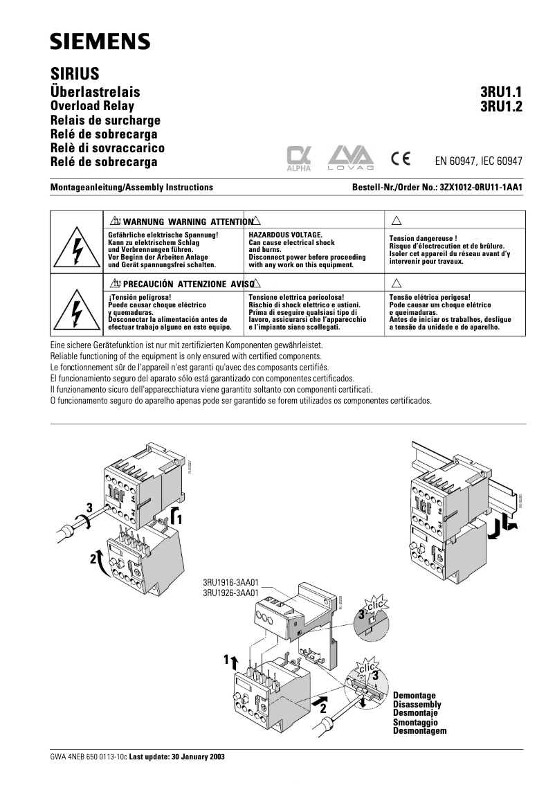 Page 1 de la notice Manuel utilisateur Siemens 3RU1116-1FB0