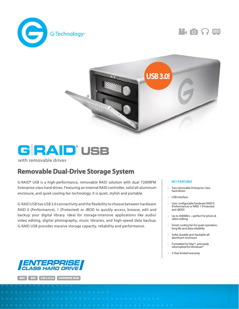Página 1 del manual Ficha técnica G-Technology G-RAID USB