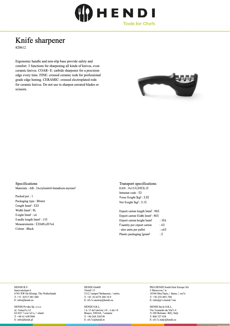 Page n°1 - Fiche technique Hendi 820612