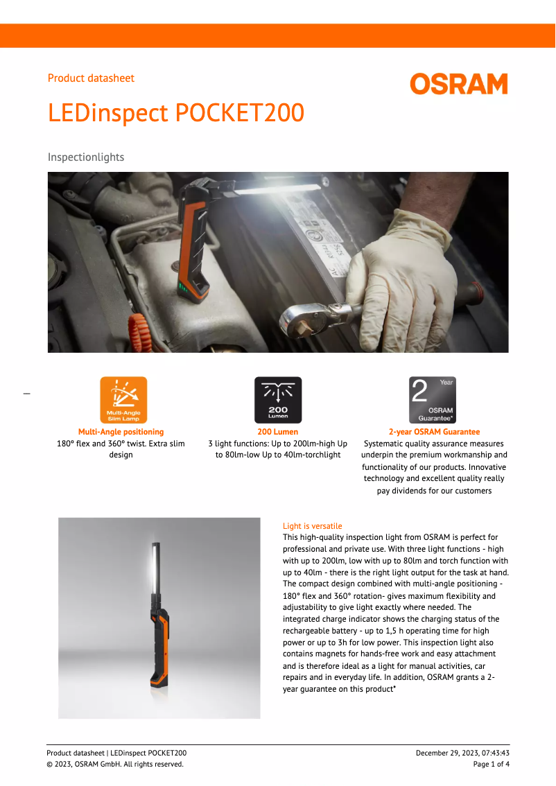 Page n°1 - Fiche technique Osram LEDinspect POCKET200