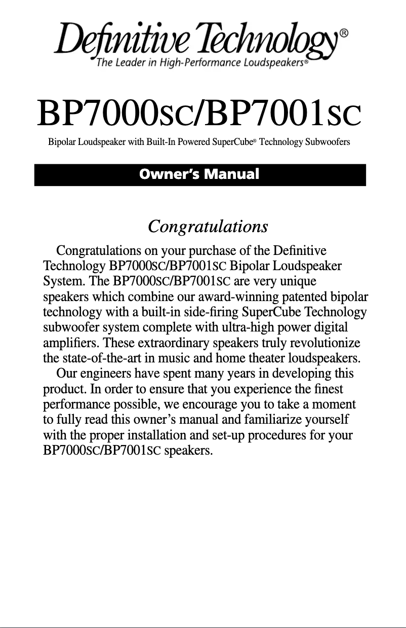 Page n°1 - Manuel utilisateur Definitive Technology BP7000sc