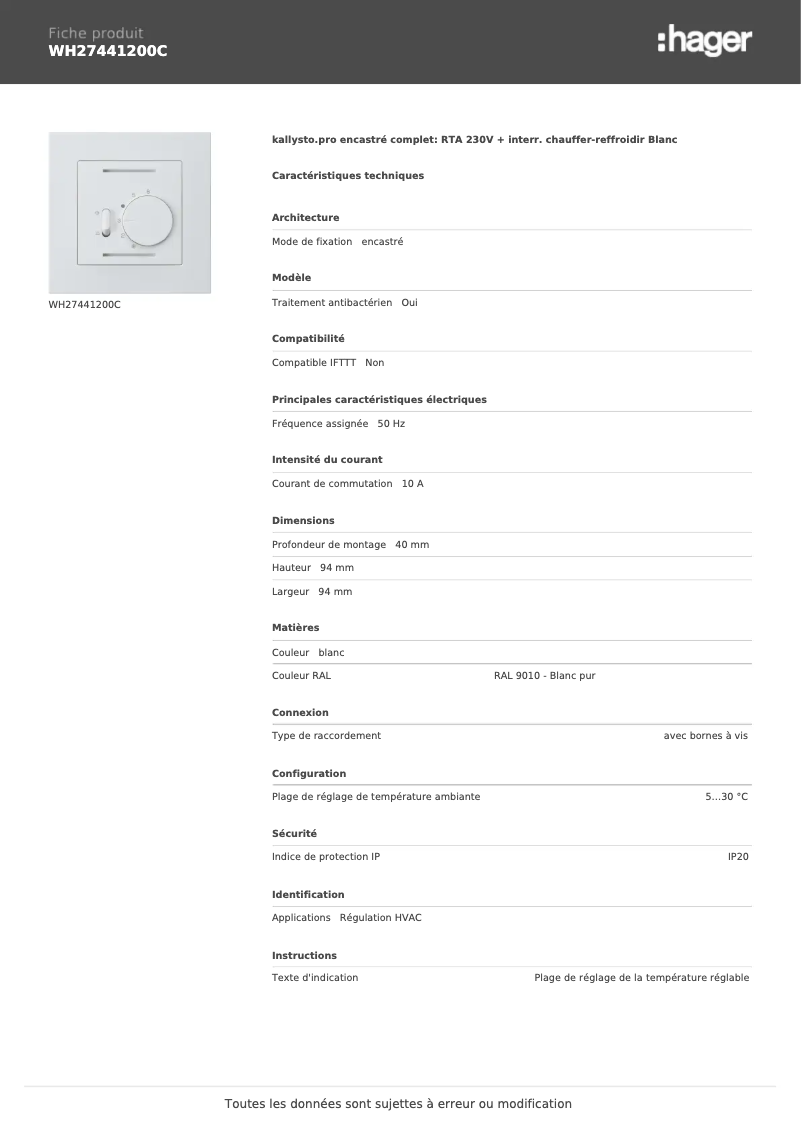 Page 1 de la notice Fiche technique Hager WH27441200C