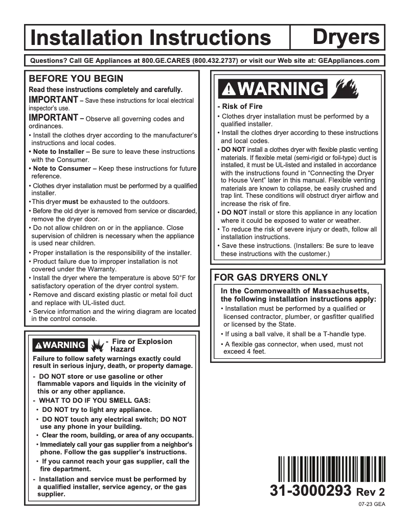 Page 1 de la notice Guide d'installation GE GTD48EASWWB