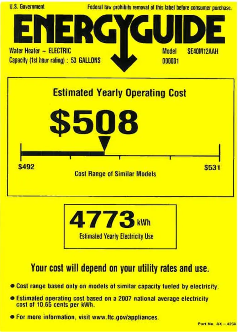 Page 1 de la notice Label énergétique GE SE40M12AAH