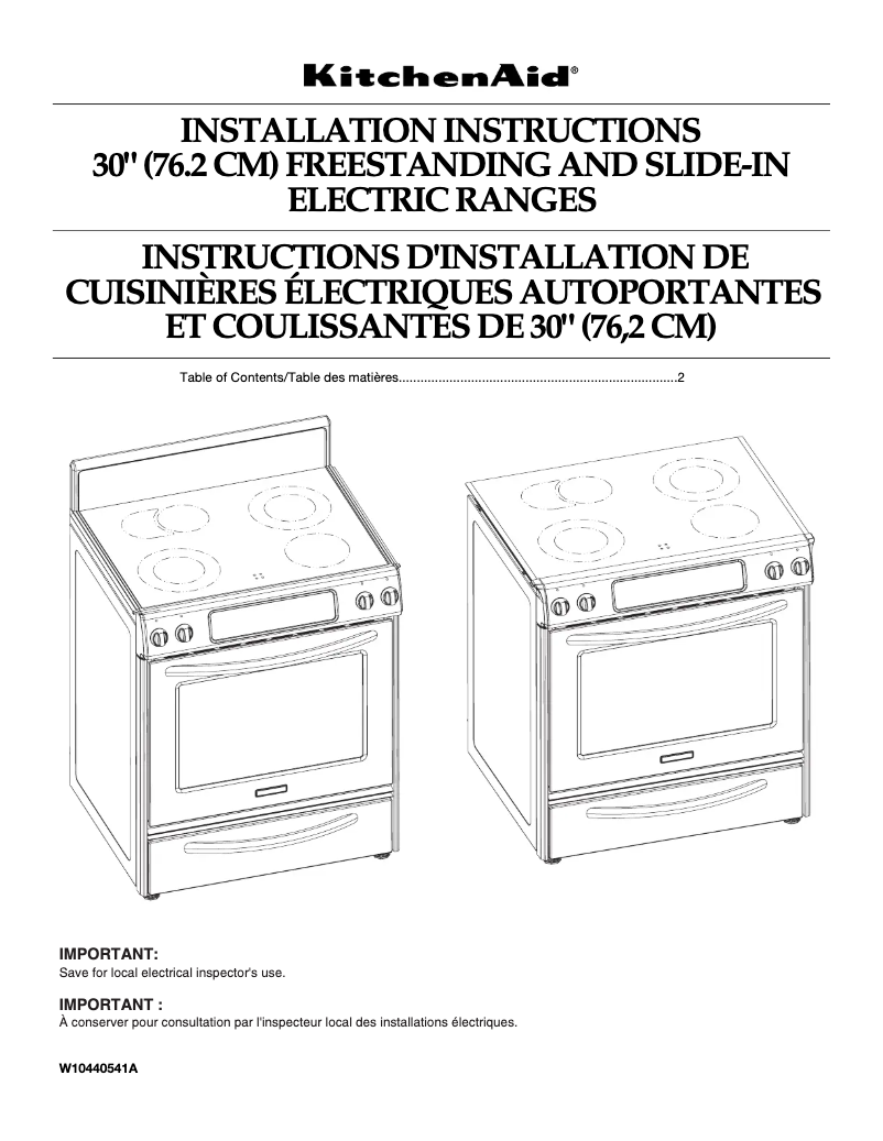 Page n°1 - Instructions / montage KitchenAid KERS807SSS