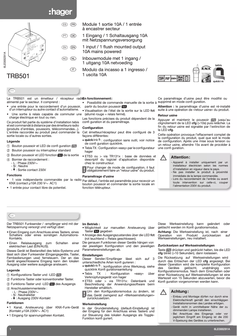 Page n°1 - Manuel utilisateur Hager TRB501