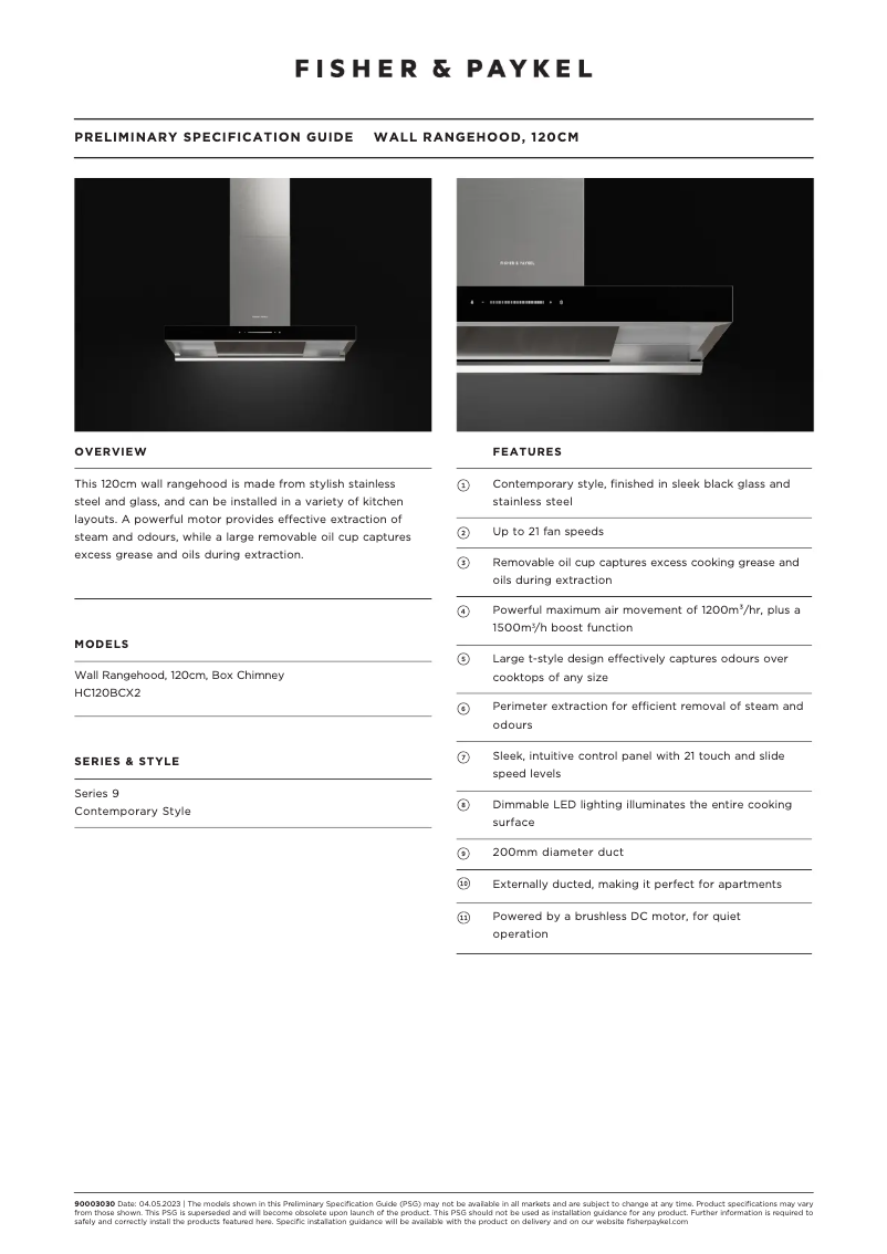 Page 1 de la notice Fiche technique Fisher & Paykel HC120BCX2