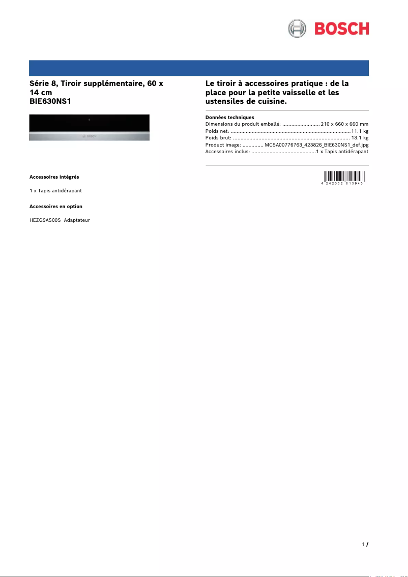 Page n°1 - Fiche technique Bosch BIE630NS1