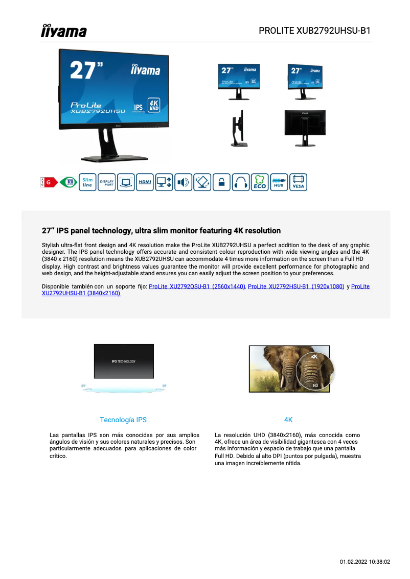 Página 1 del manual Ficha técnica Iiyama ProLite XUB2792UHSU