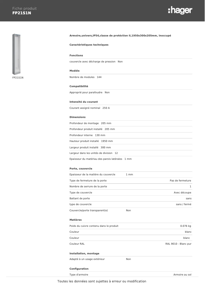 Page n°1 - Fiche technique Hager FP21S1N
