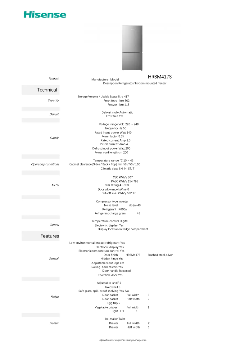 Page 1 de la notice Fiche technique Hisense HRBM417S